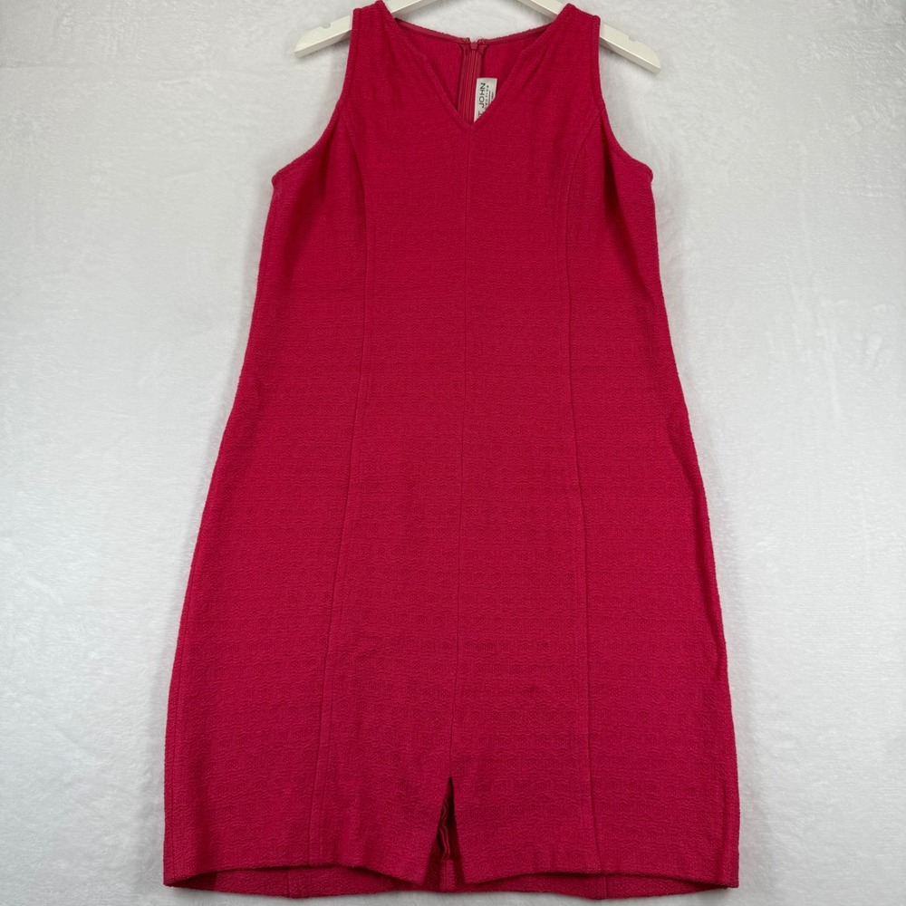 St John Collection Marie Gray Pink Textured Knit Sleeveless V-Neck Dress Size 12
